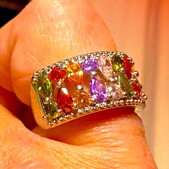 Stunning sterling silver 925 ring,filigree band,multicolored sparkling crystals - Picture 3 of 13